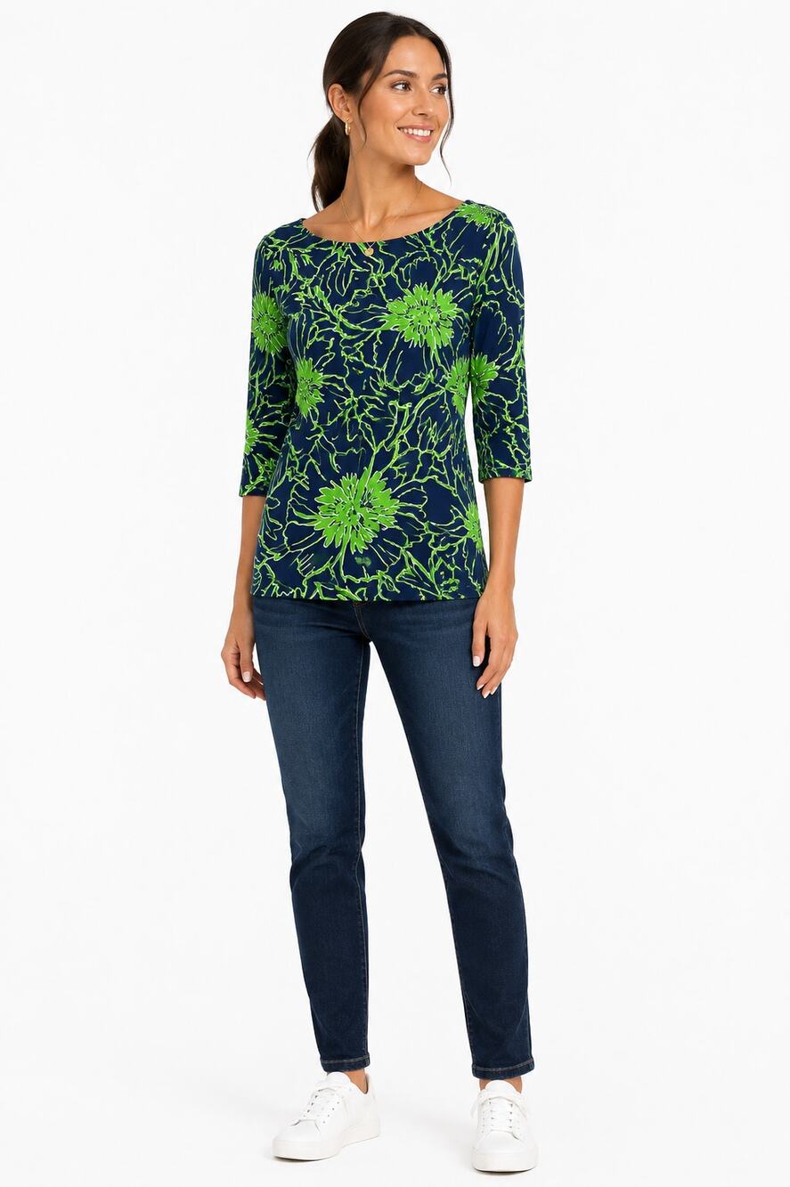 Lilly Pulitzer Cassie Top Heel Yeah Bright Navy Green Floral 3/4 Sleeve Size S